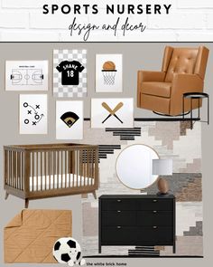 a baby's nursery room with sports themed decor and pictures on the wall above it