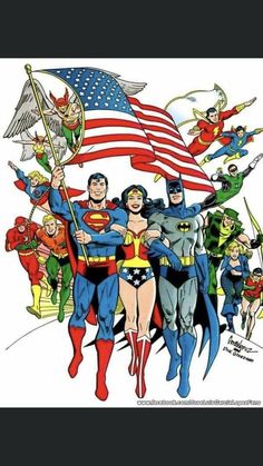 an image of the dc comics characters in front of american flag and other superheros