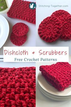 crochet dishcloths and scrubbers are shown in three different pictures, one is red the other is white