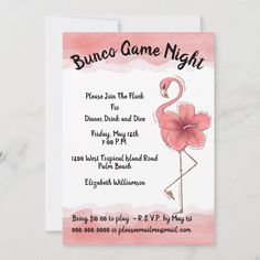 a pink flamingo birthday party card with the words,'bunco game night '