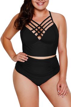 Black Strappy Neck Detail With Padded High Waist Swimsuit Stretch Strappy Tankini, Strappy Stretch Tankini, Strappy Tankini With Built-in Bra, Fitted Swimwear With Multiple Straps And Strappy Back, Strappy Fitted Swimwear With Multiple Straps, Fitted Tankini With Crisscross Straps For Pool, Fitted Crisscross Straps Tankini For Pool, Stretch Strappy Tankini With Adjustable Straps, Strappy Stretch Tankini With Adjustable Straps