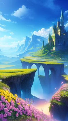 an image of a castle in the sky with mountains and flowers around it, as well as water