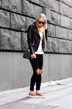 black-and-white-outfit-with-leopard-loafers via How To Wear Vans Slip Ons, How To Wear Vans, Animal Print Shoes, Print Shoes