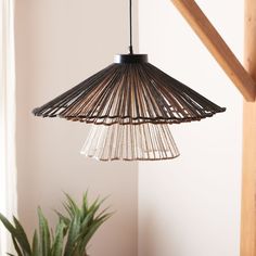 a plant is sitting on a table next to a light hanging from a wooden beam