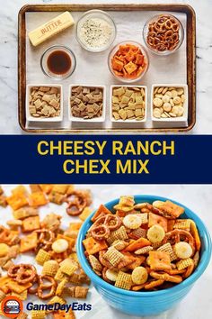 Get ready to score big at your next party with Cheesy Ranch Chex Mix! This mouth-watering snack is a touchdown of flavors, combining the crunch of Chex cereal, mini pretzels, oyster crackers, ranch seasoning, and Cheez-Its, all tossed in a flavorful butter blend and baked in the oven. It’s simple to make and perfect for sharing. Get the easy recipe and find out how to make the best homemade cheesy ranch Chex Mix. Oven Baked Pretzels, Ranch Chex Mix Recipes Baked, Cheez It Snack Mix Recipe, Sweet And Salty Snack Mix Recipes, Oyster Crackers Ranch, Cheesy Chex Mix, Cheesy Ranch Chex Mix, Ranch Chex Mix Recipes