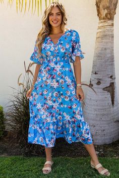 Blue Ruffle Short Sleeve Bohemian Flower Long Dress Bohemian Floral Ruffled Dress For Brunch, Bohemian Ruffled Floral Dress For Brunch, Bohemian Tiered Floral Dress With Ruffles, Blue Ditsy Floral Print Short Sleeve Maxi Dress, Blue Floral Print Short Sleeve Dress, Bohemian Floral Dress For Garden Party With Ruffle Hem, Bohemian Floral Dress With Ruffles For Vacation, Blue Floral V-neck Dress For Spring, Blue V-neck Floral Dress For Spring