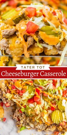 two pictures with different types of cheeseburger casserole on top and bottom