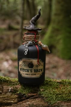 a witch's brew bottle is sitting on a log in the woods with a witches hat on top