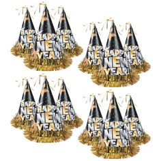 new year's eve party hats with streamers and decorations set of 6 - black / gold