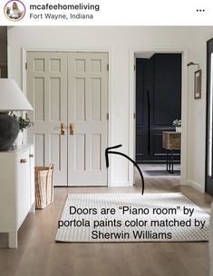 an image of a room with white walls and wood floors that has the words doors are piano room by portland paints color matched by shewn williams