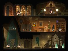 an animated house with lots of furniture and lights in the dark, it's dimly lit