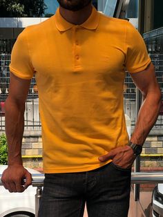 Casual Orange Collared T-shirt, Orange Collared Cotton Top, Orange Cotton Collared Tops, Yellow Polo Collar Shirt For Summer, Yellow Cotton Polo Shirt With Polo Collar, Classic Orange Short Sleeve Shirt, Yellow Cotton Top With Casual Collar, Yellow Polo Collar Casual Top, Yellow Polo Collar T-shirt For Summer