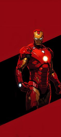 an iron man standing in front of a black and red background