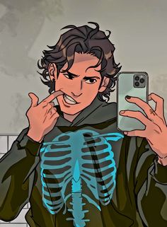 a man holding a cell phone up to his face with a skeleton on it's chest