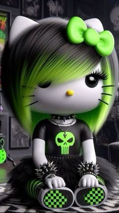 a hello kitty doll sitting on top of a black and white checkered rug with green hair