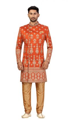 Rust Orange Art Silk Sherwani With Aligarh Pant Kids Kurta Pajama, Photography Effects, Kids Kurta, All Over Embroidery, Sherwani For Men, Orange Art, Orange Fabric, Indo Western, Rust Orange