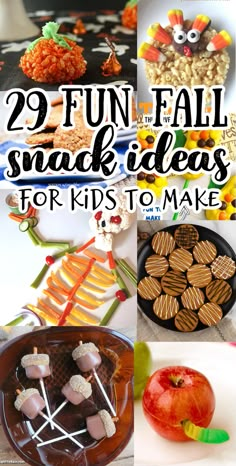 some food that is on top of a plate and in front of the words, 29 fun fall snack ideas for kids to make