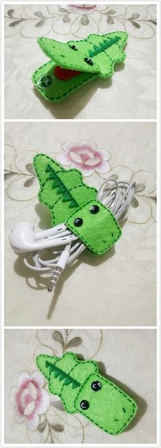 two pictures of the same green alligator head with earphones attached to it's ears