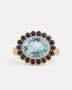 18K Yellow Gold Sapphire and Diamond Edged Aquamarine Oval Ring, .14 TCWOrnament is 3/4 Inch x 1/2 Inch Style# YRSSOABW Luxury Gold Sapphire Ring With Gemstone Accents, Luxury Heirloom Oval Gemstones, Grad Presents, Cushion Cut Ring, Aquamarine Ring, Oval Ring, Gem Ring, Oval Rings, Blue Gems