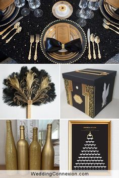 black and gold table setting with wine glasses, champagne bottles, napkins and place settings