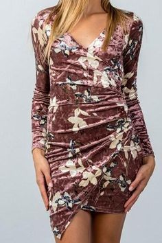 VELVET LOVE 🖤 PRETTY FLORALS Super soft crushed velvet long sleeve mini dress with pretty floral print Surplice v neck wrapped style with flattering ruching Asymmetric hem Available in mauve & black Made in the USA 96% Polyester, 4% Spandex Fits true to size, stretchy Measurements approximately: Back Length 34" Small: Bust 32“, Waist 24", Hips 32" Medium: Bust 34", Waist 27", Hips 36" Large: Bust 38", Waist 30", Hips 40" Mauve Dress, Neck Wrap, Long Sleeve Mini, Crushed Velvet, Large Bust, Long Sleeve Mini Dress, Small Bust, Asymmetric Hem, Wrap Style