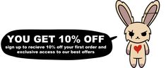 a cartoon rabbit with a speech bubble saying you get 10 % off sign up to receive 10 % of your first order and exclusively access to our best offers