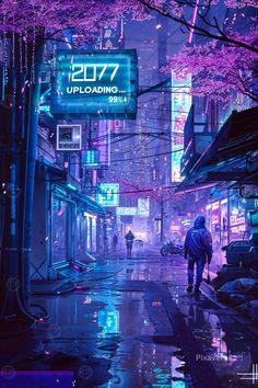 a man walking down a rain soaked street in front of tall buildings with neon lights