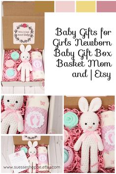 Welcome a newborn baby girl with a beautiful baby gift box! This sweet baby girl gift box will make any new baby (and mom) happy :) #newbornbabygift #babygiftsforgirls #babygiftbox #newbabygirlgift #newborngirl #babyshowergift #babygirl Gift Basket Mom, New Baby Gift Basket, Baby Girl Gift Box, Baby And Mom, Baby Gift Box