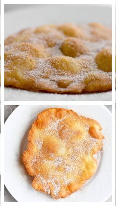 three different pictures of pastries and desserts on white plates with powdered sugar