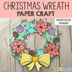 christmas wreath paper craft with the title overlay that reads, christmas wreath paper craft instant digital