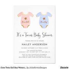 two baby onesuits in pink and blue with gold stars on the chest, it's a twins baby shower