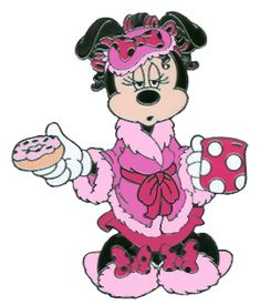 minnie mouse holding a donut and wearing a pink outfit with polka dots on it