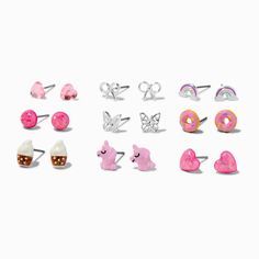 Create a unique look on your ears with this expansive set of adorable studs. The 9-pair set includes pink unicorns, pink hearts, silver-tone bows, rainbows, pink balls, filigree butterflies, pink donuts, lattes, and pink gemstone hearts.Pack Size: 9 pairs Finish: Silver-toneClosure: Post backMaterial: Metal - Claire's Pink Unicorn & Donut Mixed Stud Earrings - 9 Pack Donut Mix, Unicorn Donut, Crown Hair Clip, Butterflies Pink, Sensitive Ears Earrings, Piercing Kit, Pink Stud Earrings, Flower Crown Hairstyle, Special Occasion Hairstyles