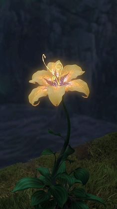 a flower that is sitting in the grass with lights on it's petals and leaves