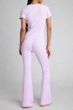 Pointelle Flare Pant in Lilac – Negative Underwear Fitted Flare Bottoms For Loungewear, Spring Flare Bottoms For Loungewear, Spring Flare Lounge Pants, Flare Pants For Spring Loungewear, Fitted Wide-leg Athleisure Pants, Athleisure Fitted Wide-leg Pants, Spring Flare Wide Leg Loungewear Pants, Fitted High-waisted Wide Leg Pants For Loungewear, Spring Flare Bottoms In Athleisure Style