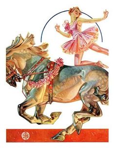 a woman riding on the back of a horse next to a man in a pink dress