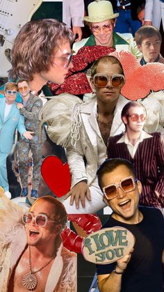 the collage shows many different people in their costumes and clothes, including one man holding a