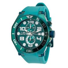 Equipped with a sporty silicone strap, large 50mm case and bold color scheme, this Invicta Pro Diver Ocean Scuba will stand out in any collection. Easy-to-read hour markers, hands, a date window and a pair of subdials make tracking your schedule a no-brainer. A textured crown, function pushers and lugs complete this colorful Pro Diver with an industrial flair. Green Analog Watches For Outdoor Activities, Green Chronograph Watch With Stopwatch, Sporty Chronograph Watch With Subdials For Sports, Sporty Green Outdoor Watch, Green Sporty Outdoor Watch, Green Sports Watch With Round Dial, Green Sports Watch With Analog Display, Functional Green Sports Watch, Functional Green Watch With 10atm Water Resistance