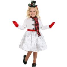 This exclusive Snowgirl Toddler Costume is "snow" much fun! The costume dress zips up the back and its solid white bodice is decorated with three silvery pom-poms. A crimson sash is attached to the waist, and the knee-length skirt is printed with a pattern of silvery snowflakes. Red mittens, a checkered scarf, and a red headband topped with an attached mini top hat are included. White Fitted Costumes For Winter, White Winter Dress For Dress-up Occasions, White Christmas Costume For Costume Party, White Winter Costume Party Dress, Snowman Costume, Knit Fabric Dress, 4t Dress, Pageant Outfits, Red Mittens