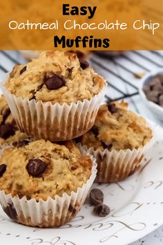 chocolate chip muffins on a plate with text overlay