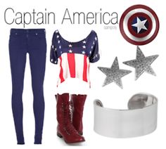 the captain america costume is on display in front of an american flag shirt and jeans