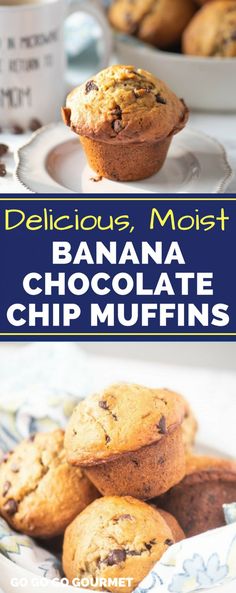 delicious, moist banana chocolate chip muffins are the perfect treat for breakfast or brunch