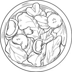 a black and white drawing of salad in a bowl