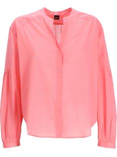 blush pink cotton semi-sheer construction pleat detailing round split neck front button fastening drop shoulder long sleeves buttoned cuffs curved hem Comme Des Garcons Converse, Boss Shirts, Boss T Shirt, Stella Mccartney Adidas, Summer Beach Wear, Poplin Shirt, Pink Cotton, Denim Shirt, Hugo Boss