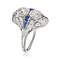 Ross-Simons - C. 1930 Vintage .68ct t. w. Diamond, .20ct t. w. Synthetic Sapphire Ring Size 7. C. 1930. There's a lot to this Estate collection ring - each of its elements lovely and unique! Hailing from the Art Deco era of fine design, our glamorous ring features two central .40 ct. t. w. round Old Mine-cut diamonds in octagonal settings. The sophisticated design boasts an elongated frame that is lit with .28 ct. t. w. round and round Old Mine-cut diamonds. It also features a pop of beautiful blue color with .20 ct. t. w. multi-cut synthetic sapphires. Crafted in glossy 14kt white gold. 5/8" wide. Synthetic sapphire and diamond ring. Exclusive, one-of-a-kind Estate Jewelry. Art Deco Multi-stone Sapphire Ring, Fine Jewelry 14k White Gold Multi-stone Sapphire Ring, Art Deco Multi-stone Platinum Rings, Art Deco Platinum Multi-stone Rings, Luxury Art Deco Multi-stone Sapphire Ring, Art Deco Era, Vintage Diamond, Estate Jewelry, Sapphire Ring