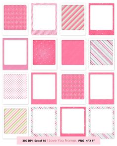 pink and green striped frames with white polka dots on the edges, set of 16