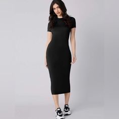 Short Sleeve, Great For Summer Travel, Walking Around The City, Can Be Dressed Up Or Down Black Bodycon Dress Outfit, Black Plain Dress, Body Con Dress Outfit, Basic Black Dress, Pink Dress Casual, Black Dress Outfits, Plain Dress, Shein Dress, Black Dresses Casual