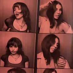 the woman is brushing her hair in four pictures