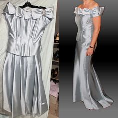 Two Piece (Bodice And Full Skirt With Demi-Train) Steel Blue Gown By Frascara. Silk / Wool Very Luxurious Weight To The Fabric. Blue Gown, Silk Wool, Steel Blue, Full Skirt, Blue And Silver, Strapless Dress, Bodice, Two Piece, Size 10