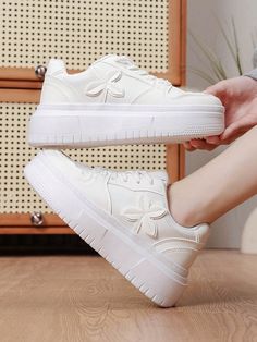 Discover your perfect outdoor companion with our Four-Leaved Clover Lace Thick-Soled Platform Sneakers. These stylish and durable sneakers provide extra support and traction White Platform Sneakers, Platform Sneakers, Casual Shoes Women, White Style, Outdoor Adventures, Outdoors Adventure, Power Supply, Your Perfect, Pu Leather